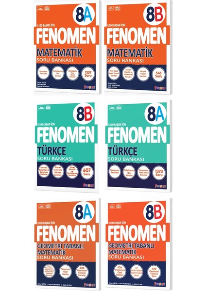 Fenomen Okul 2025 8. Sınıf Matematik + Türkçe + Geometri A + B Serisi Soru Bankası Seti 6 Kitap