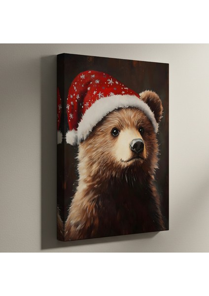 Noel Baba Şapkalı Ayı Portresi Tablosu