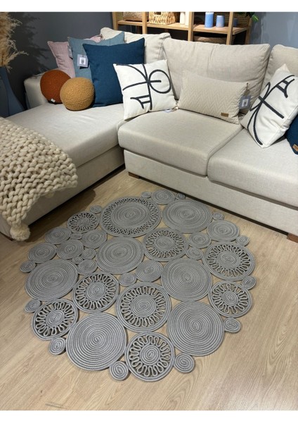 Harmony Jüt Doğal Hasır Kilim Bej Geometrik Bohem Yuvarlak El Örmesi Halı
