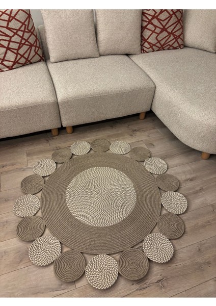 Taş Kırçıllı Jüt Hasırlı Kırçıllı El Örgüsü Kilim Halı Hasır Yuvarlak