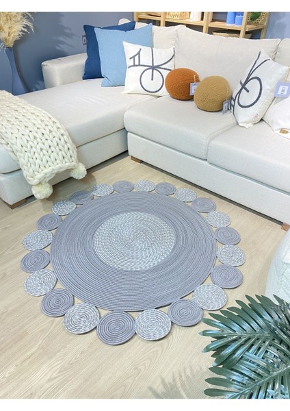 Gri Jüt Hasırlı Kırçıllı El Örgüsü Kilim Halı Hasır Yuvarlak