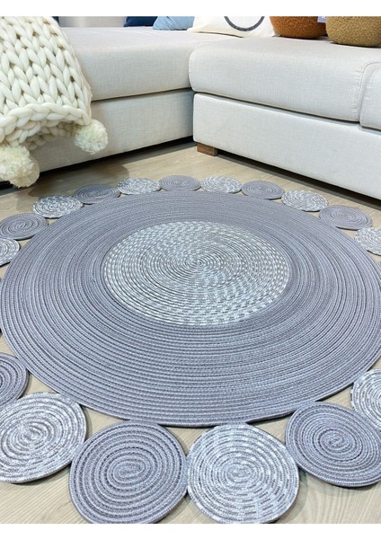 Gri Jüt Hasırlı Kırçıllı El Örgüsü Kilim Halı Hasır Yuvarlak fırsatları