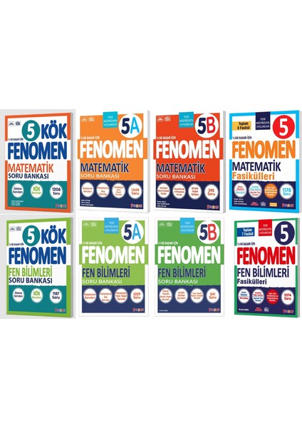 Fenomen Okul 2025 5. Sınıf Matematik + Fen Bilimleri Kök + A + B Soru + Fasikül Seti 8 Kitap Güncel Müfredat