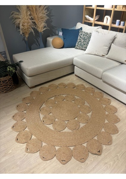Nüans Jüt Hasırlı El Örgüsü Kilim Halı Hasır Yuvarlak indirimleri