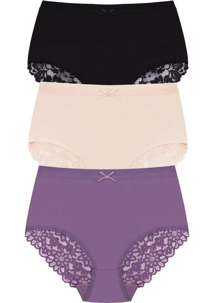 Kadın Külot 3'lü Arkası Dantelli, Yüksek Bel Külot, High Cut (%96 Pamuk - %4 Elastan)