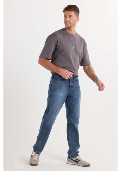 Erkek Regular Fit %100 Pamuk Yan Cepli Baggy Lacivert Jean Kot Pantolon fırsatları
