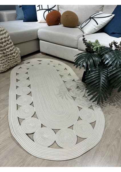 Krem Jüt Hasırlı El Örgüsü Kilim