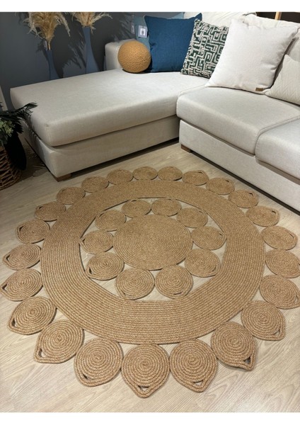 Nüans Jüt Hasırlı El Örgüsü Kilim Halı Hasır Yuvarlak