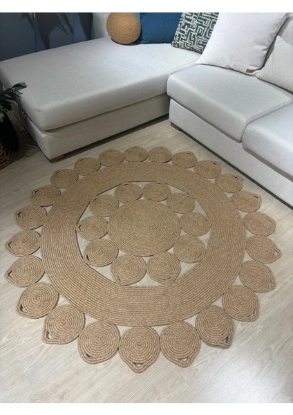 Nüans Jüt Hasırlı El Örgüsü Kilim Halı Hasır Yuvarlak