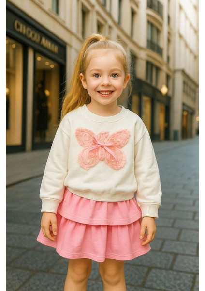 Kelecek Detaylı Kız Çocuk tek sweat - Beyaz