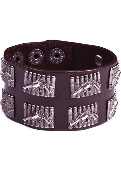 Altıpatlar ve 7 Kurşun Motif Deri Çıtçıtlı Unisex Bileklik 1101-1200