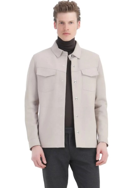 Bej Regular Fit Gömlek Yaka Casual Süet Deri Mont