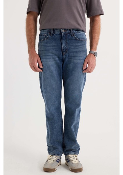 Erkek Regular Fit %100 Pamuk Yan Cepli Baggy Lacivert Jean Kot Pantolon