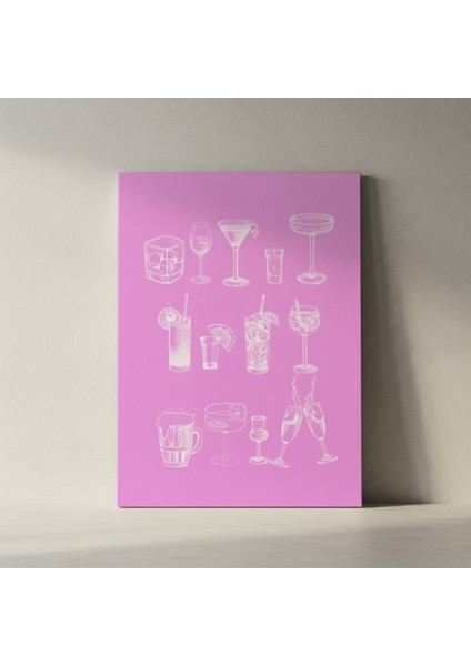 Pembe Arka Plan Üzerinde Çeşitli Kokteyller Illüstrasyon Tablosu fiyatları