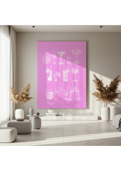 Pembe Arka Plan Üzerinde Çeşitli Kokteyller Illüstrasyon Tablosu fırsatları