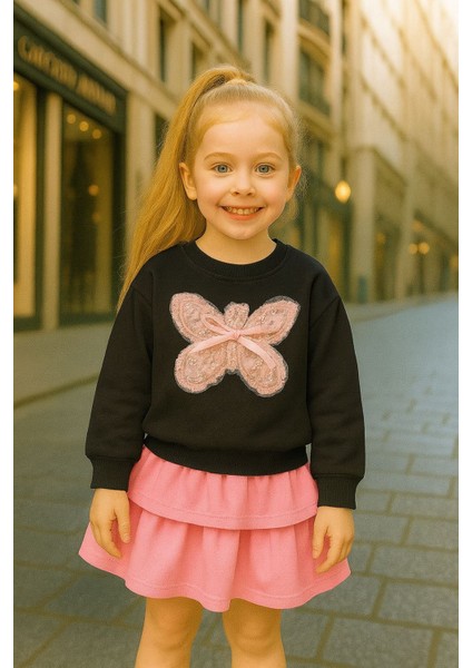 Kelecek Detaylı Kız Çocuk tek sweat - Siyah