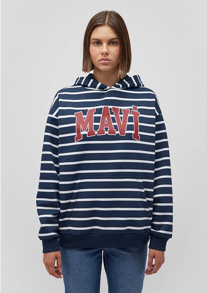Mavi Logo Baskılı Lacivert Çizgili Sweatshirt 1S10118-81518