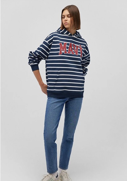 Mavi Logo Baskılı Lacivert Çizgili Sweatshirt 1S10118-81518