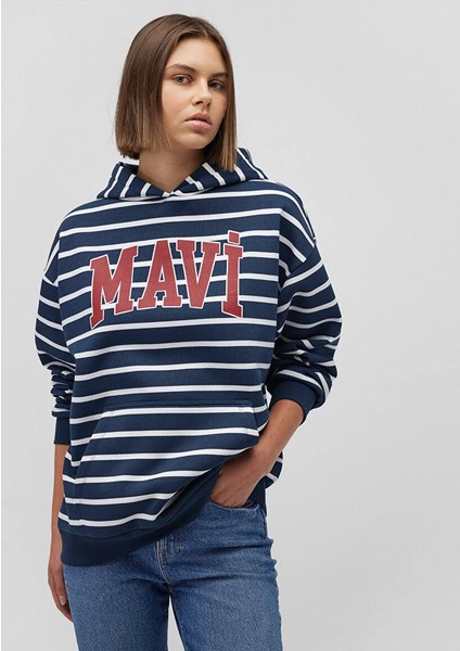 Mavi Logo Baskılı Lacivert Çizgili Sweatshirt 1S10118-81518