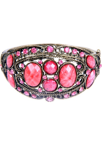 Pembe Taşlı Döküm Metal Kelepçe Model Kadın Bilezik 2726-2738