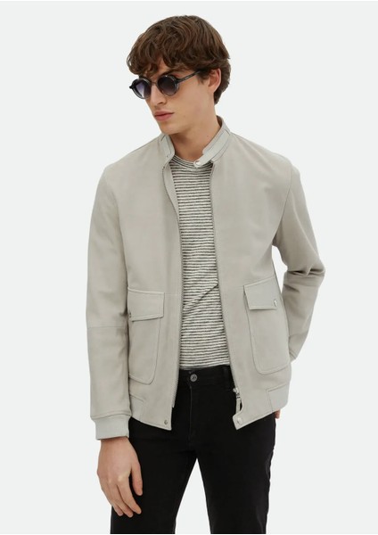 Gri Regular Fit Dik Yaka Casual Süet Deri Mont