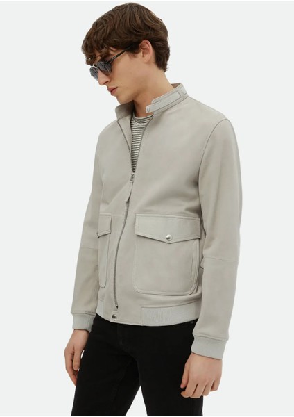 Gri Regular Fit Dik Yaka Casual Süet Deri Mont modelleri