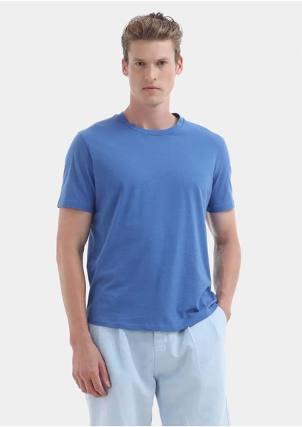 Mavi Düz Bisiklet Yaka %100 Pamuk T-Shirt fırsatları