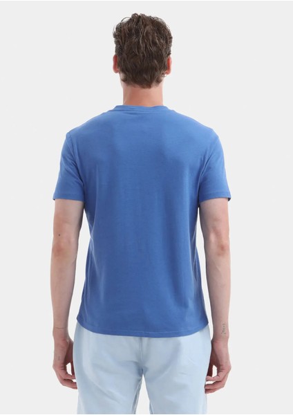 Mavi Düz Bisiklet Yaka %100 Pamuk T-Shirt indirimleri