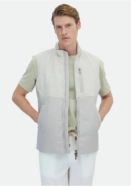 Bej Regular Fit Dik Yaka Casual Dokuma Spor Yelek