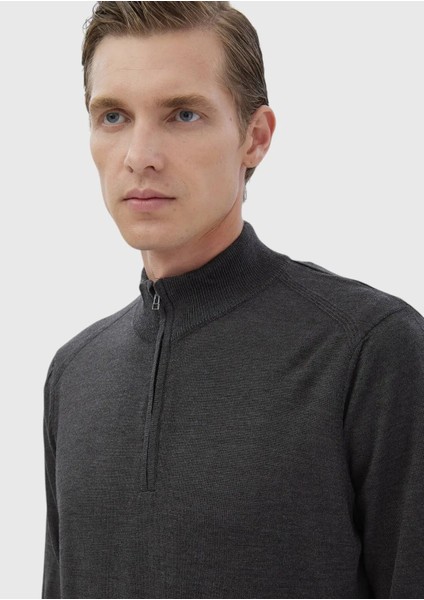 Antrasit Yarım Balıkçı Yaka Düz Örgü Yün Karışımlı Triko Kazak fırsatları