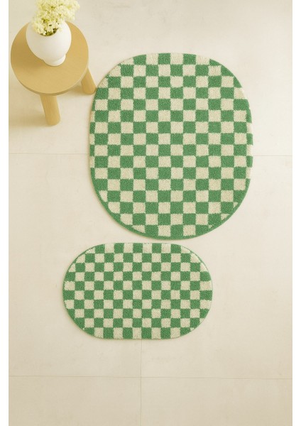 Dama Desenli Kaymaz Taban Yıkanabilir 2'li Set Oval Banyo Paspası Chess