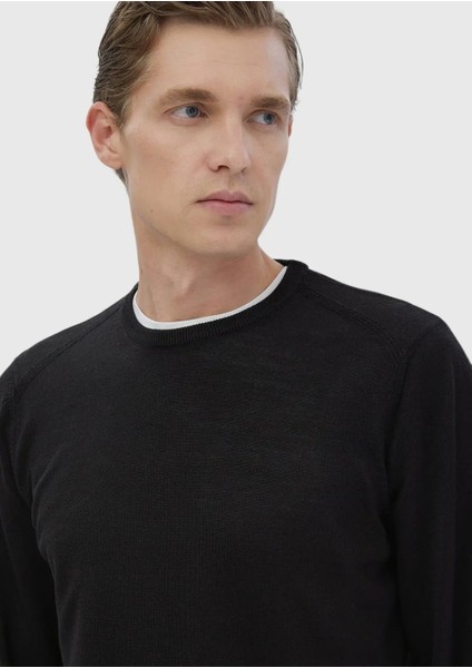 Siyah Bisiklet Yaka Düz Örgü Yün Karışımlı Triko Kazak modelleri