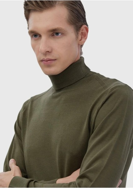 Haki Tam Balıkçı Yaka Düz Örgü Yün Karışımlı Triko Kazak modelleri