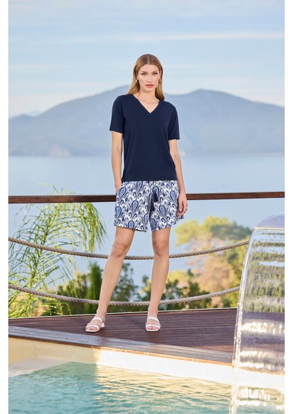 Kadın Etnik Desenli Kısa Kollu V Yaka Şort Takımı 25112