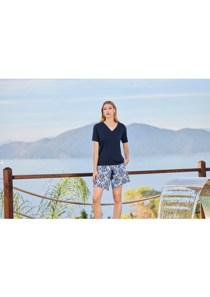 Kadın Etnik Desenli Kısa Kollu V Yaka Şort Takımı 25112 fiyatları