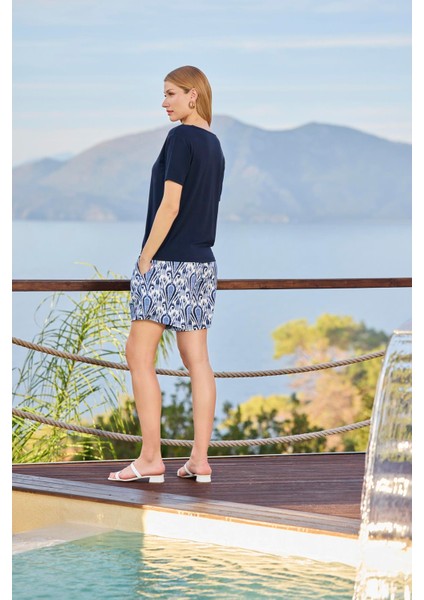 Kadın Etnik Desenli Kısa Kollu V Yaka Şort Takımı 25112 indirimleri