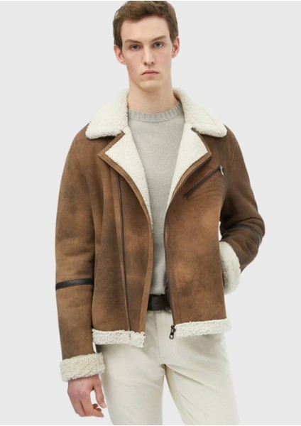 Kahverengi Regular Fit Gömlek Yaka Casual Kürk Deri Mont modelleri
