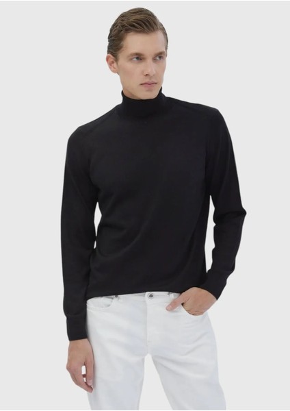 Siyah Tam Balıkçı Yaka Düz Örgü Yün Karışımlı Triko Kazak
