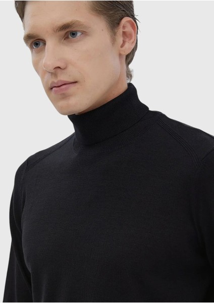 Siyah Tam Balıkçı Yaka Düz Örgü Yün Karışımlı Triko Kazak modelleri