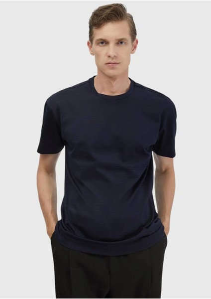 Lacivert Çizgili Bisiklet Yaka %100 Pamuk T-Shirt