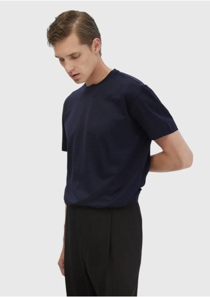 Lacivert Çizgili Bisiklet Yaka %100 Pamuk T-Shirt modelleri