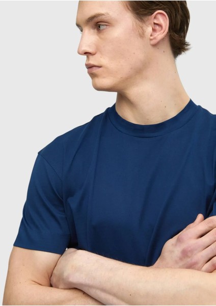 Indigo Düz Bisiklet Yaka %100 Pamuk T-Shirt fırsatları