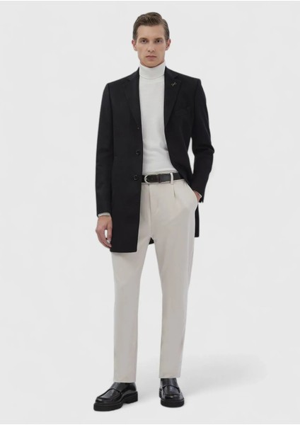 Siyah Regular Fit Kelebek Yaka Klasik Dokuma Palto modelleri