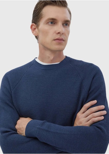 Koyu Indigo Bisiklet Yaka Jakarlı Yün Karışımlı Triko Kazak indirimleri