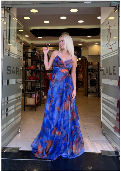 Elbise Uzun Askılı Dıgital Baskılı Yırtmaçlı