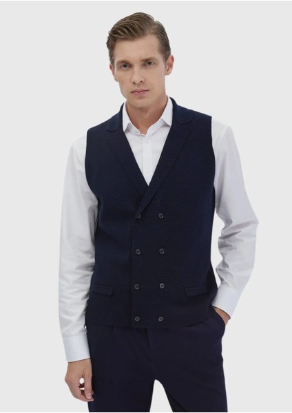 Lacivert Regular Fit Kelebek Yaka Casual Örme Triko Yelek