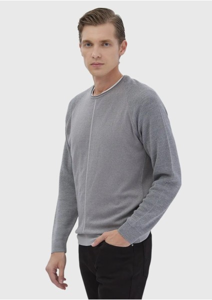 Gri Bisiklet Yaka Jakarlı Yün Karışımlı Triko Kazak modelleri