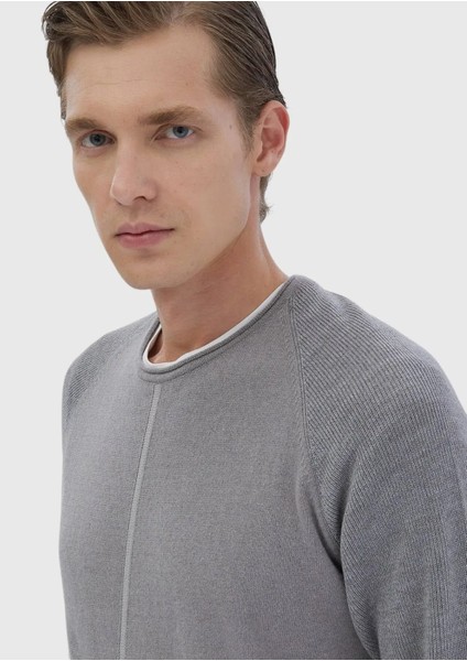 Gri Bisiklet Yaka Jakarlı Yün Karışımlı Triko Kazak fırsatları