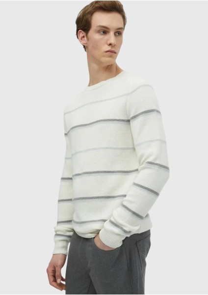 Ekru Bisiklet Yaka Çizgili Yün Karışımlı Triko Kazak