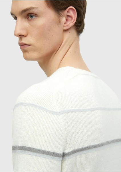 Ekru Bisiklet Yaka Çizgili Yün Karışımlı Triko Kazak indirimleri